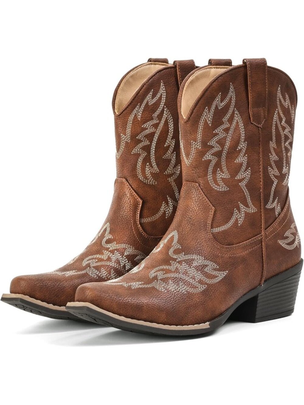 Women's Brown Ankle Cowgirl Boots Mid Calf Snip Toe Chunky Heel Short Booties